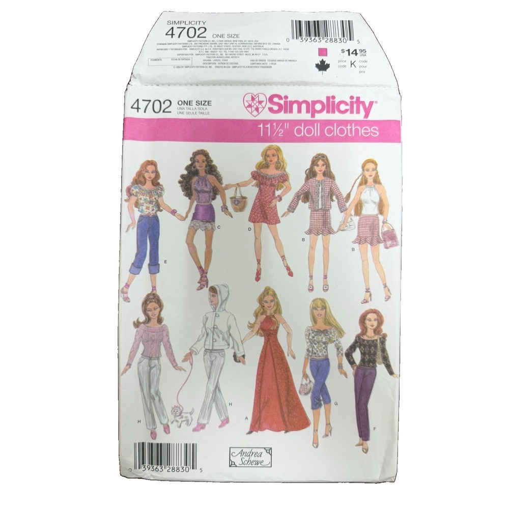Simplicity 4702 11.5” Fashion Doll Clothes Pattern UNCUT Andrea Schewe 2004